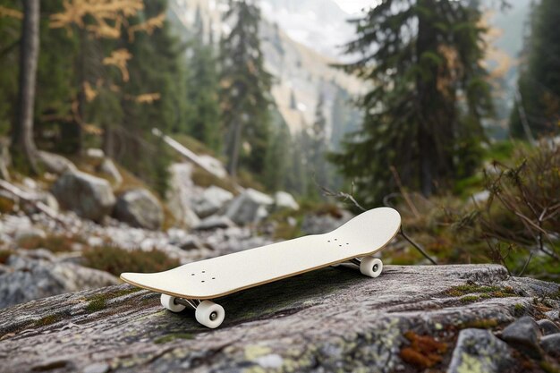 Photo a skateboard sitting on top of a rock in the woods