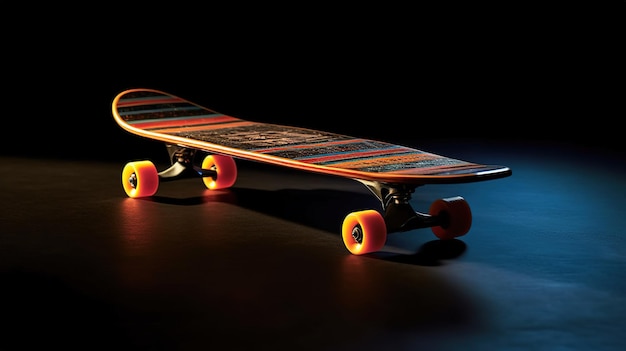 A skateboard with orange wheels is on a black background.