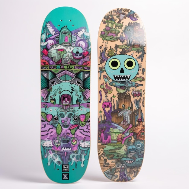 A skateboard with a skull on it and a skull on it.