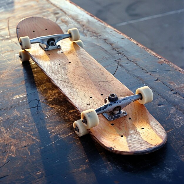 a skateboard with a wooden surface that has a white wheel on it