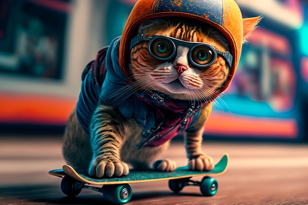 Skateboardende kat met een helm op zijn hoofd Generatieve AI