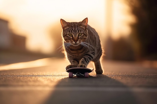 스케이트보더 고양이가 해가 지는 도로에서 여름에 스케이트 보드를 타고 있습니다.