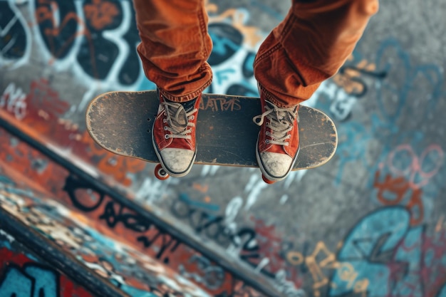 Skateboarder in city skate park