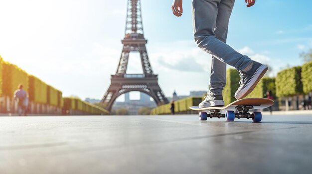 A skateboarder cruises near the Eiffel Tower in Paris France embodying the citys vibrant street sports scene with iconic architecture in the backdrop