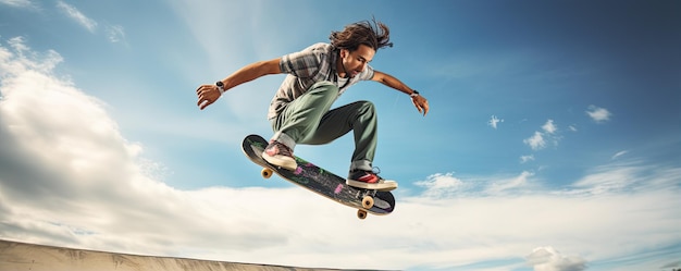 Skateboarder doet een truc met een bordbanner