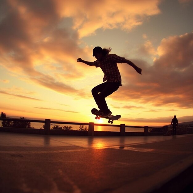 Foto skateboarder doet een truc op een helling bij zonsondergang generatieve ai