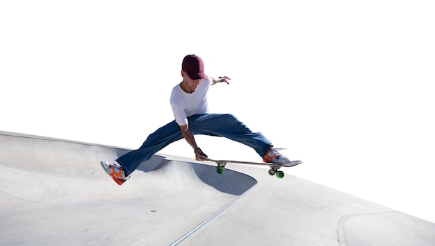 Skateboarder doing a trick isolated on white