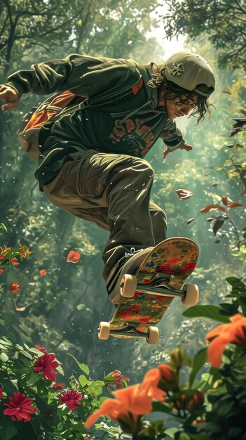 A skateboarder in flowers and forest photo realistic green tone sunny ar 916 v 6 Job ID c29203872ba64dd684b1d801ebbfbcfa