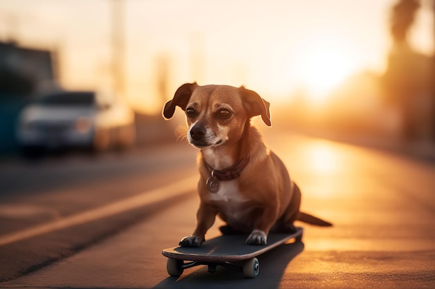 Skateboarder hond rijdt skateboard in de zomer op de weg bij zonsondergang Generatieve AI illustratie