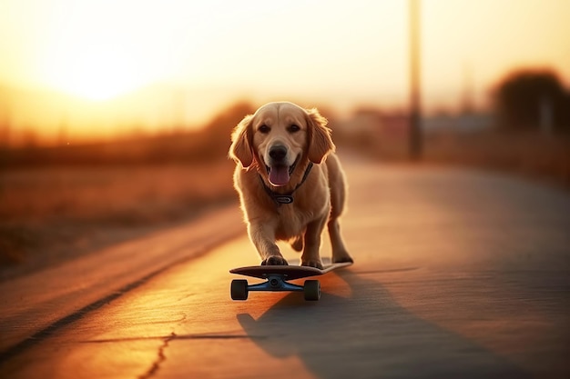 Skateboarder hond rijdt skateboard in de zomer op de weg bij zonsondergang Generatieve AI illustratie