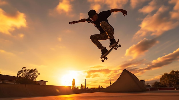 скейтбордист, выполняющий трюк в воздухе во время золотого часа AI Generated