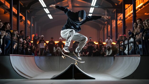 Skateboarder performing a trick on mini ramp at skate park indoor