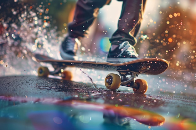 Photo skateboarder riding on a vibrant wet surface with rainbow colors and water droplets extreme sport lifestyle concept