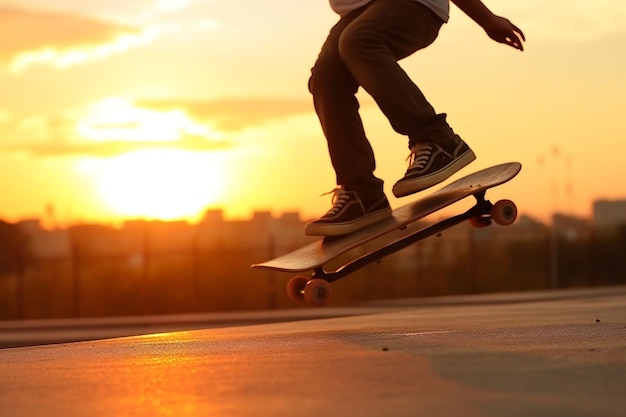 Skateboarder Soaring Over Sunset Ramp Generative AI