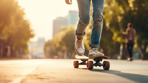 Skateboarder in street closed up leg