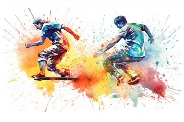 Skateboarders in motion on watercolor splashes background