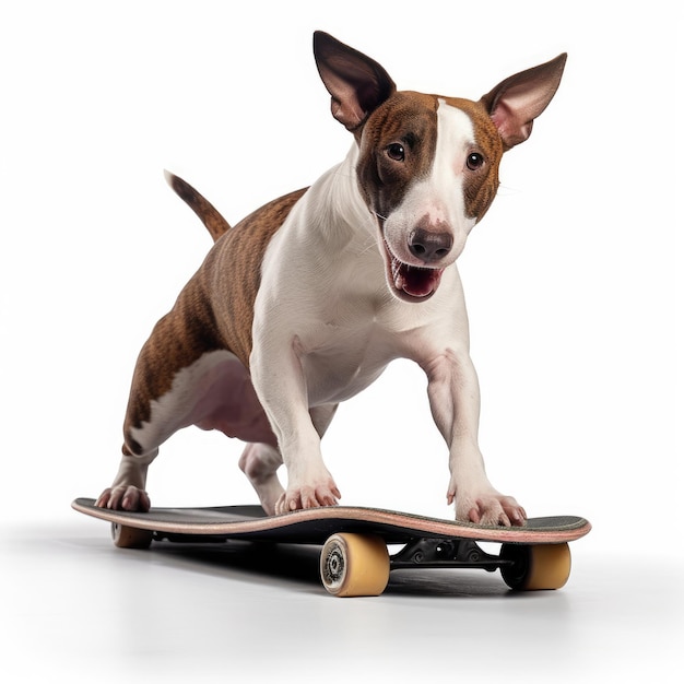 Skateboarding bull terrier kickflips