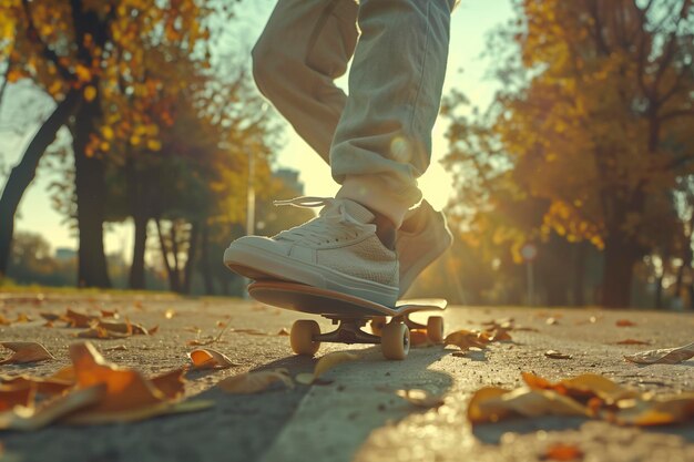 skateboarding legs against the backdrop of the city at sunset