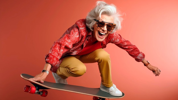 Skateboarding senior woman