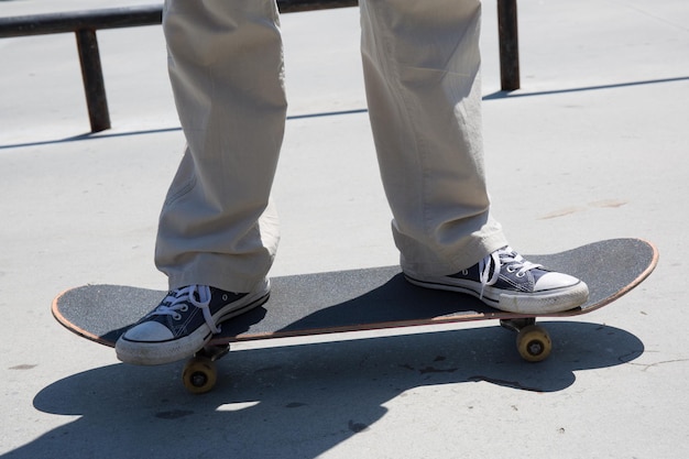 Skater boy ready to performing tricks at the skate park