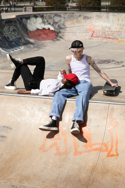 Photo skater couple wearing trucker hat