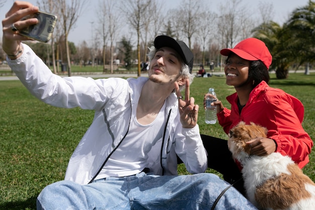 Skater couple wearing trucker hat