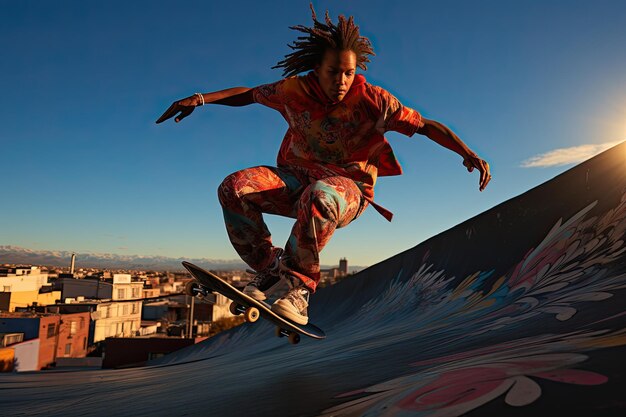 Foto skater in gedurfde sprong op stedelijke helling omringd door kleurrijke kunst generatieve ia