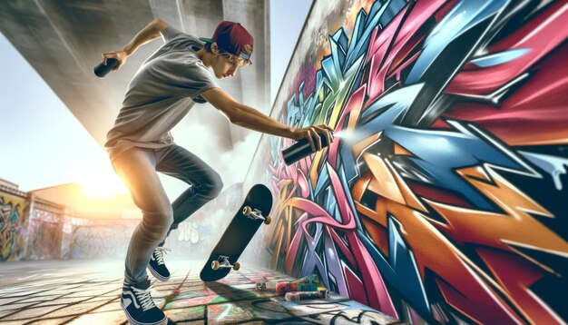 Foto skater jongen creëert graffiti