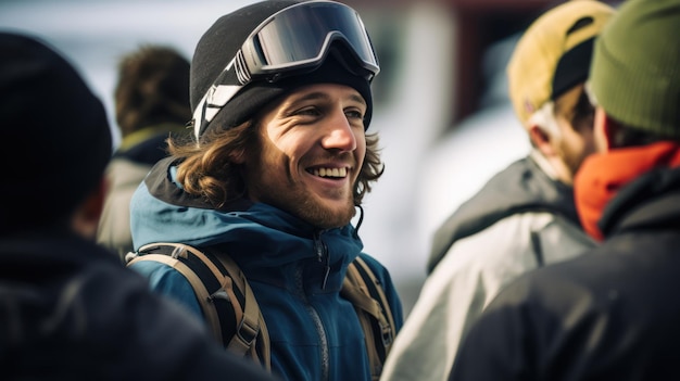 Foto pattinatore di snowboard che parla con un amico