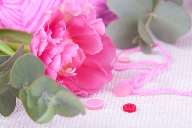 A skein of pink yarn closeup, buttons, tulip. Spring composition, tenderness, postcard