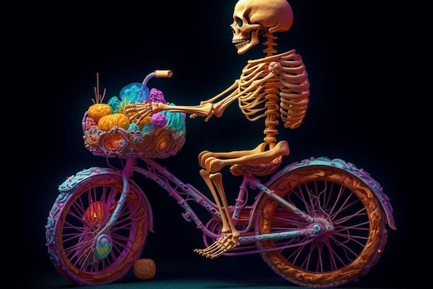 Skelet berijdende fiets met bal van garen op donkere achtergrond Halloween-concept