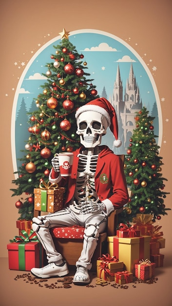 skelet dat een kerstmanoutfit draagt