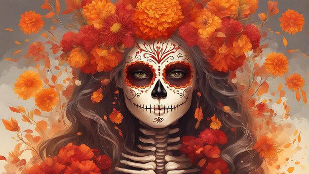 Skelet met bloemen in haar haar Illustratie voor Halloween