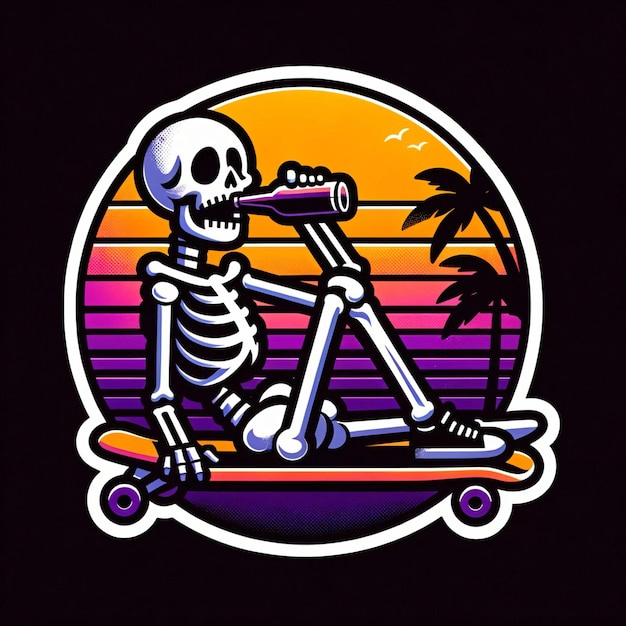 Skelet op skateboard Sunset Sticker