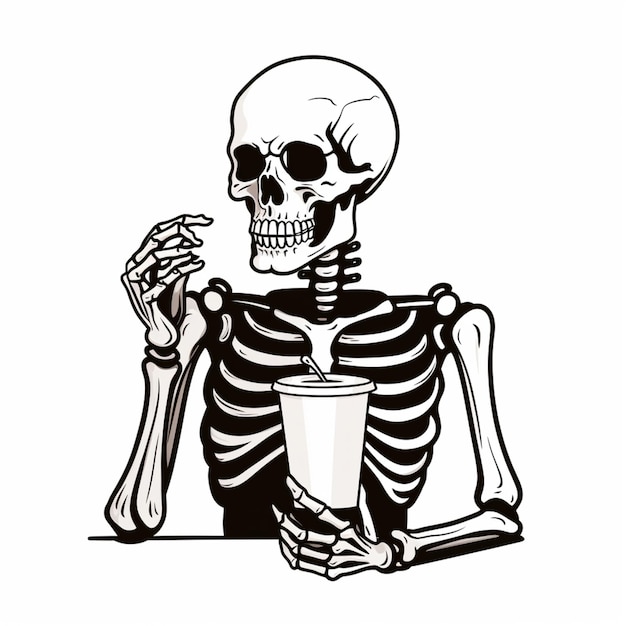 Skelet zit aan een tafel met een kop koffie en een honkbalknuppel generatieve ai