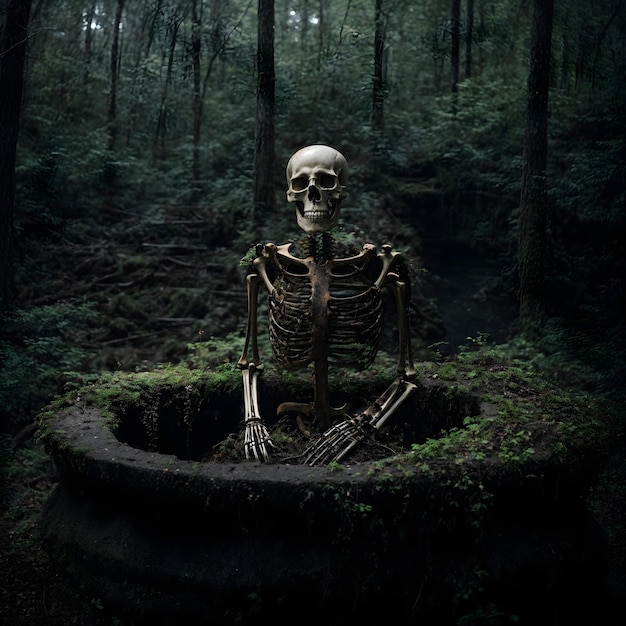 Skeletal Figure at the Decrepit Well in the Eerie Forest