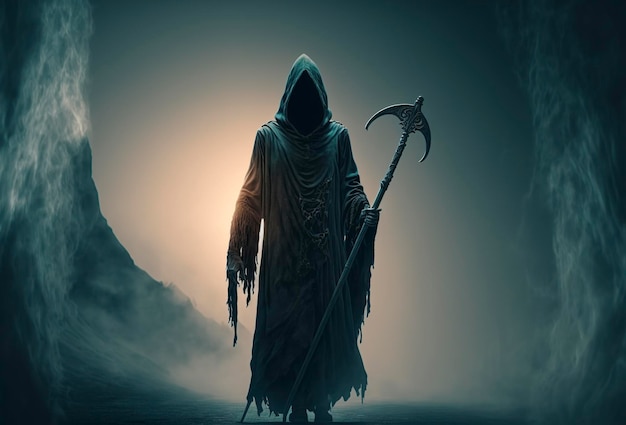 Skeletal figure of Grim Reaper shrouded in a dark hooded robe and carrying a scythe