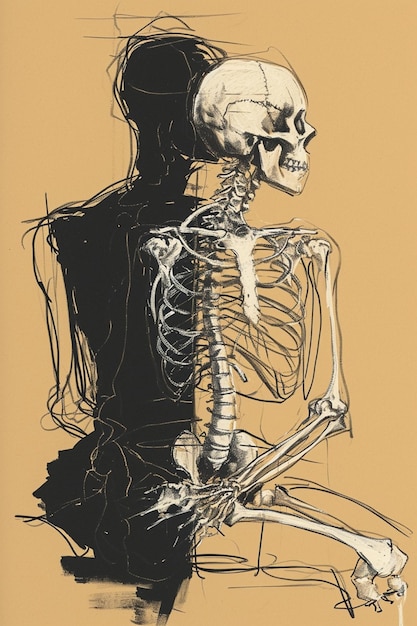 Photo a skeletal figure sitting with a shadowy outline realistic detailed