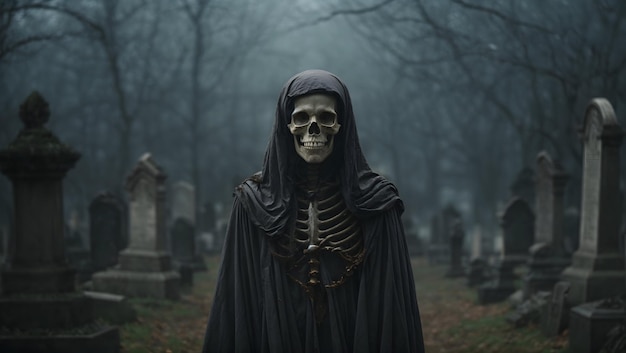 A skeletal figure with a ghostly face standing in a graveyard of forgotten souls