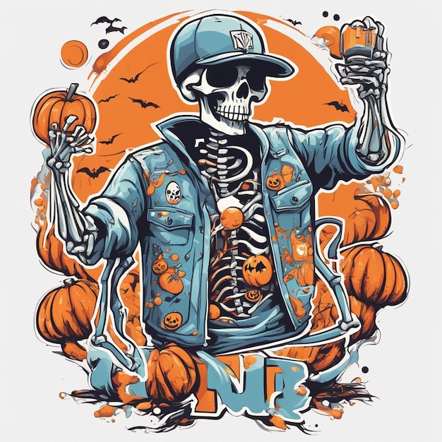 A skeletal figure with a tshirt featuring a classic hiphop design tshirt design halloween