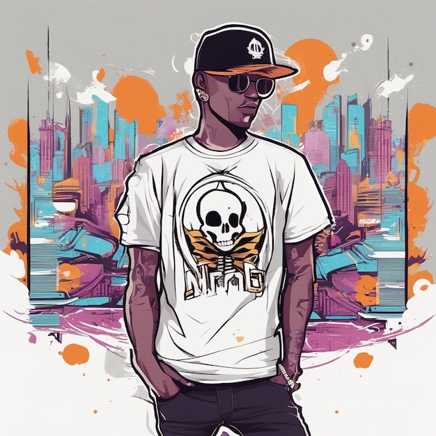 Photo a skeletal figure with a tshirt featuring a classic hiphop design tshirt design halloween