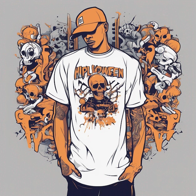 Photo a skeletal figure with a tshirt featuring a classic hiphop design tshirt design halloween