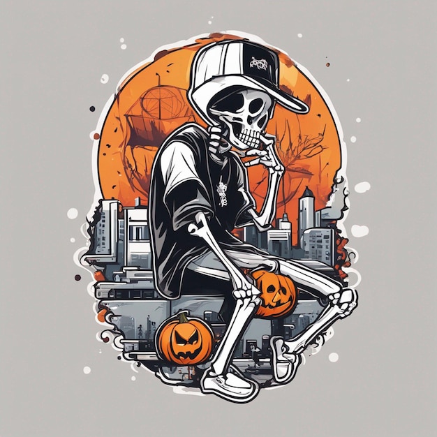 Скелетная фигура в футболке с классическим дизайном хип-хопа. Дизайн футболки Хэллоуин.