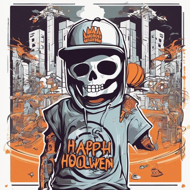 Скелетная фигура в футболке с классическим дизайном хип-хопа. Дизайн футболки Хэллоуин.