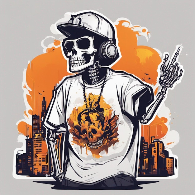 Photo a skeletal figure with a tshirt featuring a classic hiphop design tshirt design halloween