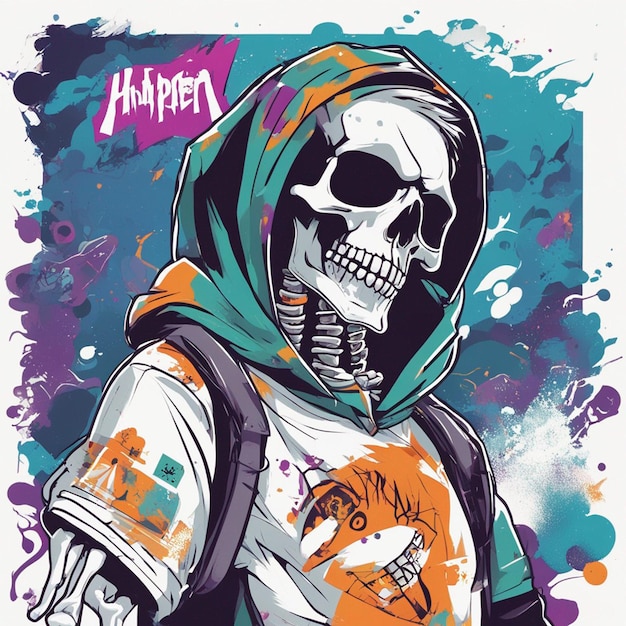 A skeletal figure with a tshirt featuring a classic hiphop design tshirt design halloween