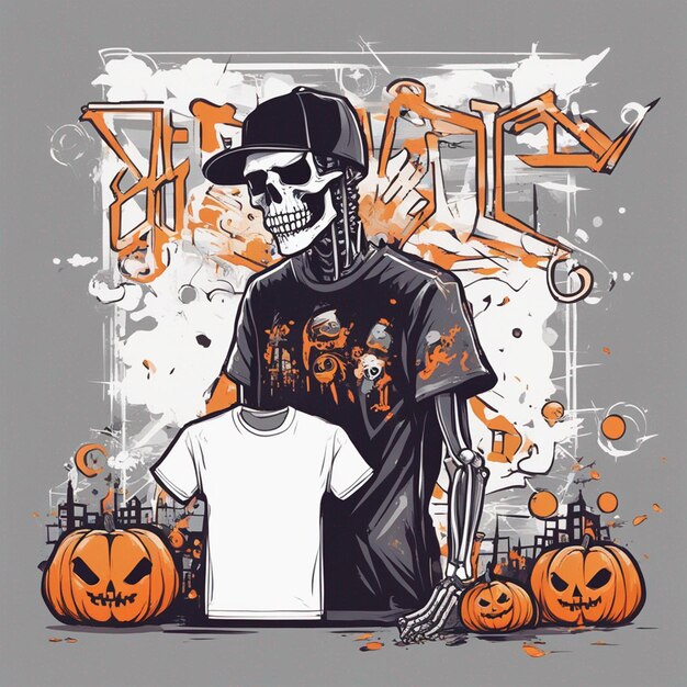 A skeletal figure with a tshirt featuring a classic hiphop design tshirt design halloween