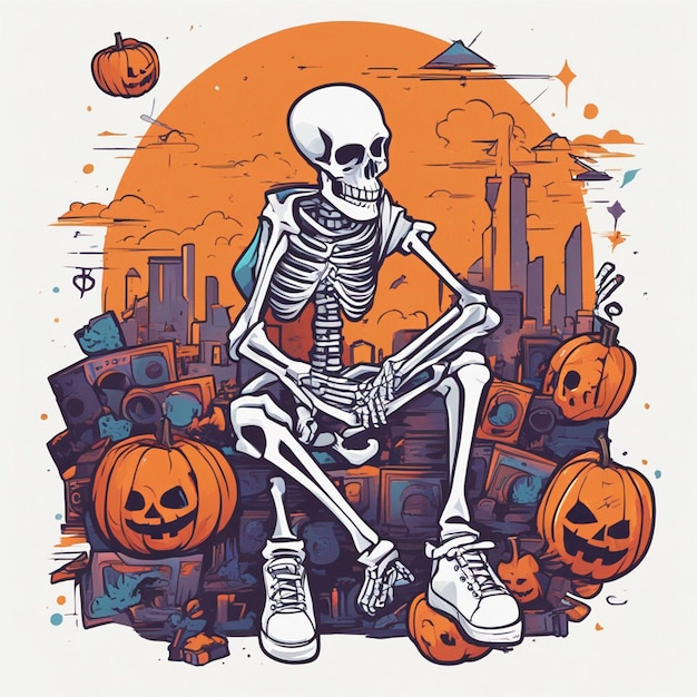 A skeletal figure with a tshirt featuring a classic hiphop design tshirt design halloween