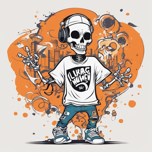 A skeletal figure with a tshirt featuring a classic hiphop design tshirt design halloween