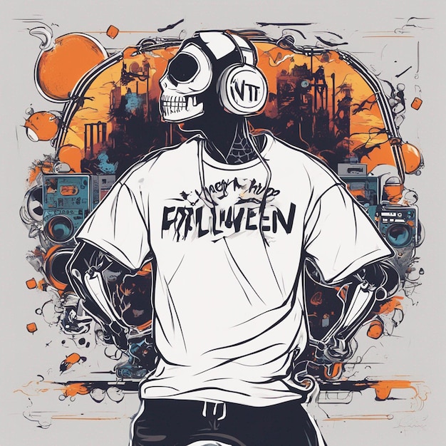 Photo a skeletal figure with a tshirt featuring a classic hiphop design tshirt design halloween